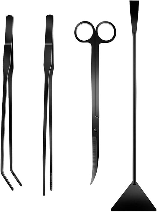 4Pcs Aquascaping Tools Kit, Long Stainless Steel Aquarium Plant Tools with Black Anti-rust Coating, Aquarium Tweezers, Scissors, and Scrapers for Aquascaping Cleaning(Magnetic Tool Holder)