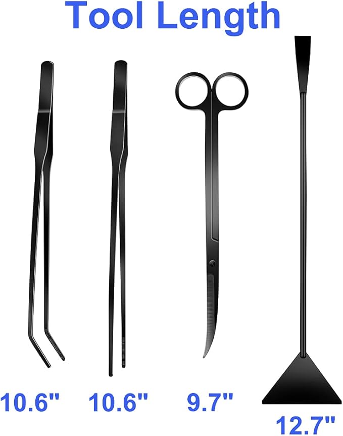 4Pcs Aquascaping Tools Kit, Long Stainless Steel Aquarium Plant Tools with Black Anti-rust Coating, Aquarium Tweezers, Scissors, and Scrapers for Aquascaping Cleaning(Magnetic Tool Holder)