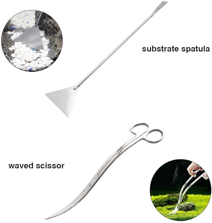 Aquascaping Tools 7 in 1 Kit Aquarium Plant Scissors Tools Set Curved & Waved Scissor Tweezers Spatula Stainless Steel Anti Rust Tools for Fish Tank Cleaning Plant Trimming