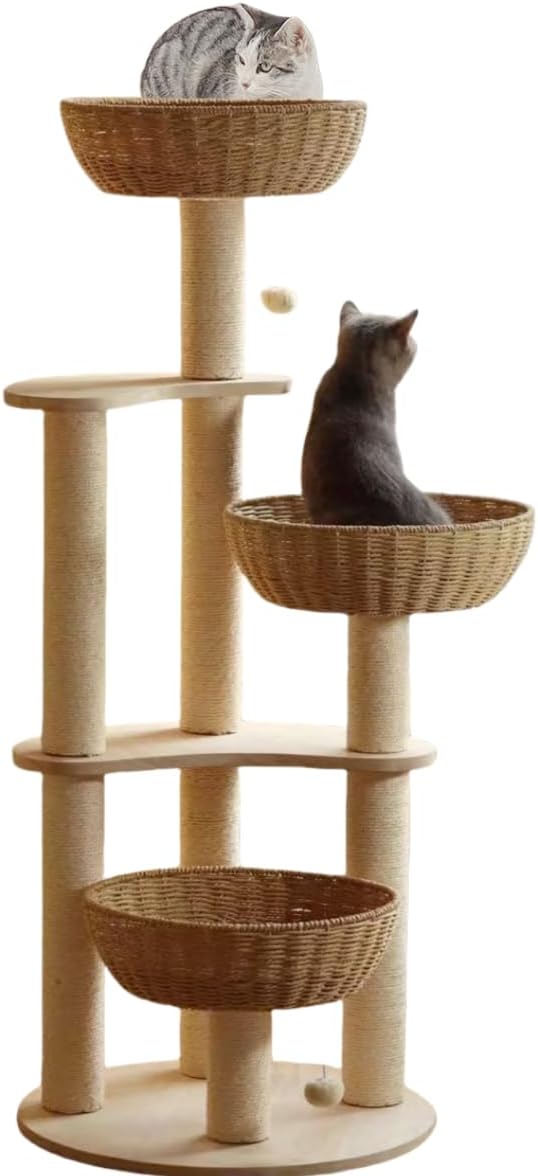 54" Large Modern Cat Trees, Luxury Rattan Oak Solid Wood Cat Trees Towers,3 Weaving Cat Nests & Washable Cool Cushions, Sisal Scratching Posts,Cat Condo for Indoor Cats- Wood Wax Oil Version
