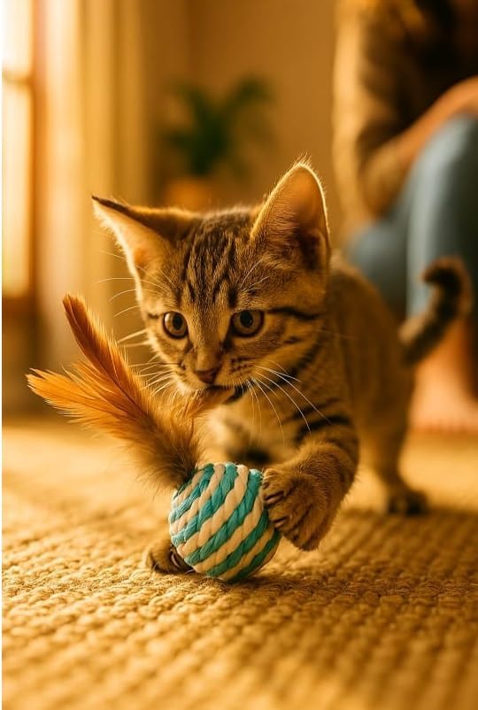 Ball for cat with Feathers - Balls for Cats β Natural Toy for Indoor Cats β Eco-Friendly, Durable, Interactive Play Balls for Kittens β Pet-Safe Chew & Scratch Toys (Sky Blue)
