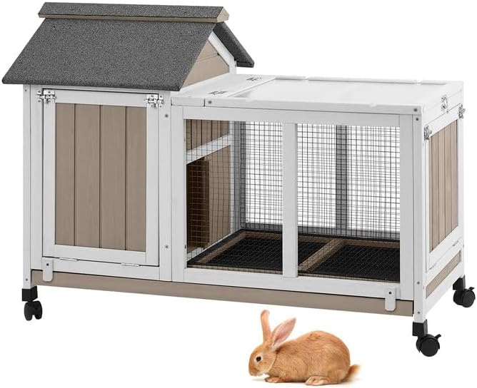 38''L Rabbit Hutch Outdoor Indoor with Wheels, Wooden Expandable 2 Story Bunny House Rabbit Cage with Run, Waterproof Roof, Pull Out Tray, Guinea Pig Cage Chicken Coop for Small to Medium Pets