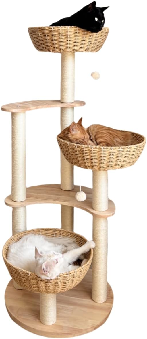 54" Large Modern Cat Trees, Luxury Rattan Oak Solid Wood Cat Trees Towers,3 Weaving Cat Nests & Washable Cool Cushions, Sisal Scratching Posts,Cat Condo for Indoor Cats- Wood Wax Oil Version