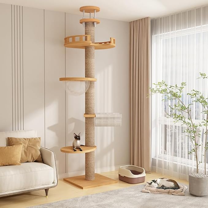 Cat Tree Floor to Ceiling,Cat Tree Height Adjustable from Floor to Ceiling(92“-114”), Tall Climbing Tree, Equipped with Scraping Pillars, Comfortable Bed, Observation Deck, Space Capsule