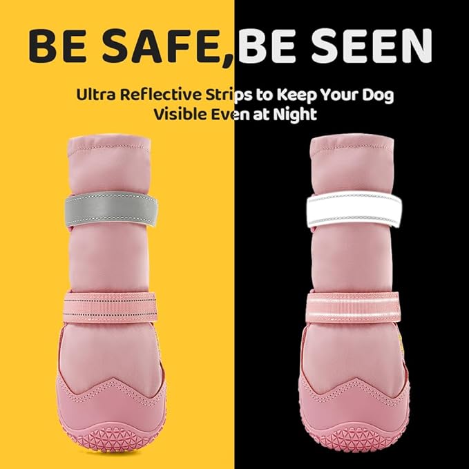 Hcpet Dog Shoes, Dog Boots & Paw Protectors for Winter Snowy Days, Rainy Weather, Outdoor Anti-Slip Sole Dog Booties for Hardwood Floor Pink-Leg 3