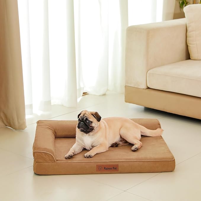 Chew Proof Dog Bed, 3" Memory Foam Dog Bed for Small and Medium Dogs, Removable and Washable Microsuede Cover, Waterproof Liner, Nonskid Bottom, 35x23 Inches M Khaki