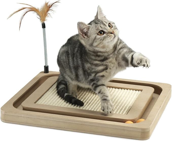 PEEKAB Cat Scratcher,Sisal Scratching Board with Track Ball Interactive Toy and Swing Feather Toys for Indoor Cats and Kittens,Large Heavy Durable