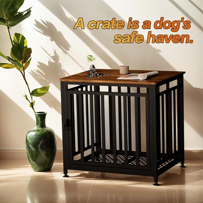 Dog Crate Furniture for Small Dogs, Dog Kennel Indoor, Anti-Chew Anti-Escape with Bed Crate Pad End Side Table Wooden Dog Crate,Steel-Tube Dog Cage, Rustic Brown