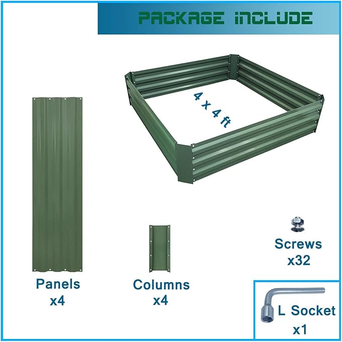 4x4x1ft Metal Raised Garden Bed Kit,Galvanized Garden Bed Box for Vegetables, Flowers, Herbs, and Succulents,120 Gallon Capacity - Green