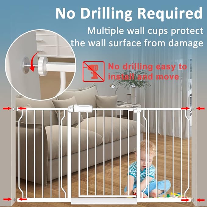 Extra Wide Baby Gates 71.5-76.3 Inch White Pressure Mounted Baby Gate Indoor Safety Gates Pressure Mounted Child Gate for Stairs Doorways Hallways