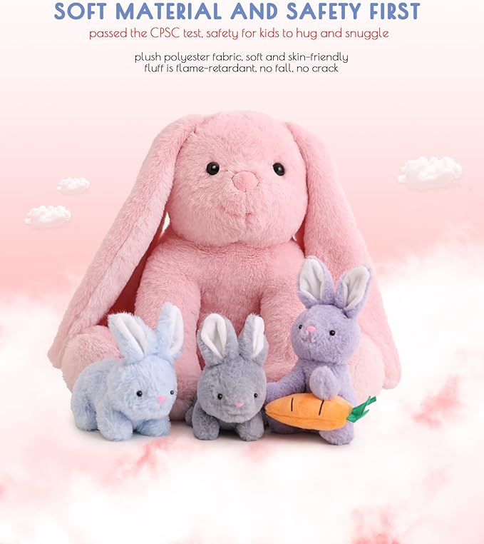 5 Pieces Rabbit Stuffed Animals for Girls,1 Mommy Rabbit with 4 Babies,Plush Bunny Stuffed Toy Gifts for Kids Children 3 4 5 6 7 8 9 Years,Soft Stuffed Bunny for Christmas,Birthday,Party Decorations