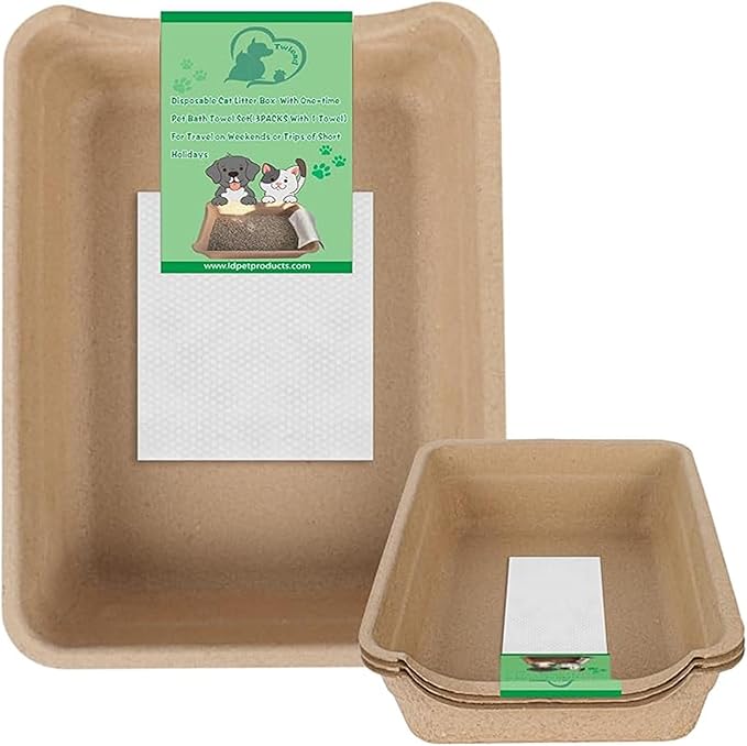 Disposable Litter Boxes for Cats, Low Entry Paper Litter Box, Paper Cat Litter Tray with One-time Pet Bath Towel Set (3PACKS with 1 Towel) for Travel on Weekends or Trips of Short Holidays