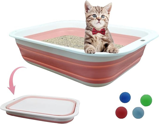 Foldable Cat Litter Box Open Potty Pan Portable Collapsible Cats Litter Boxs Travel Kitten Pan with Scoop Waterproof Low Entrance for Kitten and Easy Clean 17.7"ร13.4"x4.9"(Pink)