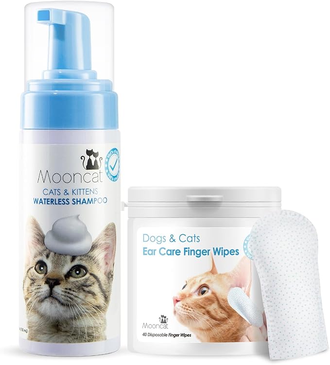 Mooncat Waterless Cat Grooming Bundle โ No Rinse Foam Shampoo (5oz) + Cat Ear Cleaning Finger Wipes (40ct) | Licking Safe, pH Balanced, Dry Bath for Sensitive Cats, Removes Ear Wax & Dirt, Daily Pet H