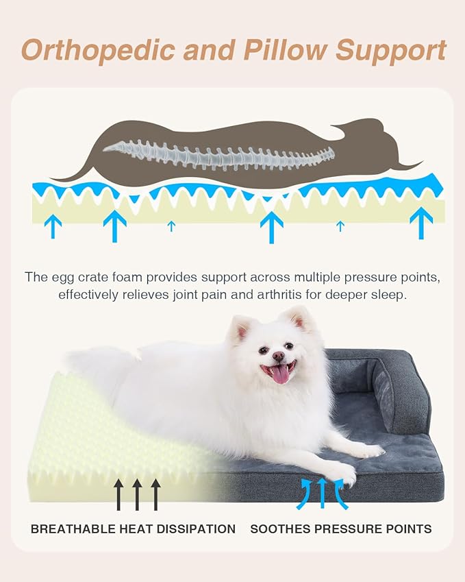 KSIIA Orthopedic Dog Bed for Medium Size Dog,Washable Pet Sofa with U-Shaped Bolster Removable Waterproof Cover Non-Slip Bottom and Egg-Crate Orthopedic Foam Pet Couch Bed, 35 x 22 Inch, Dark Gray