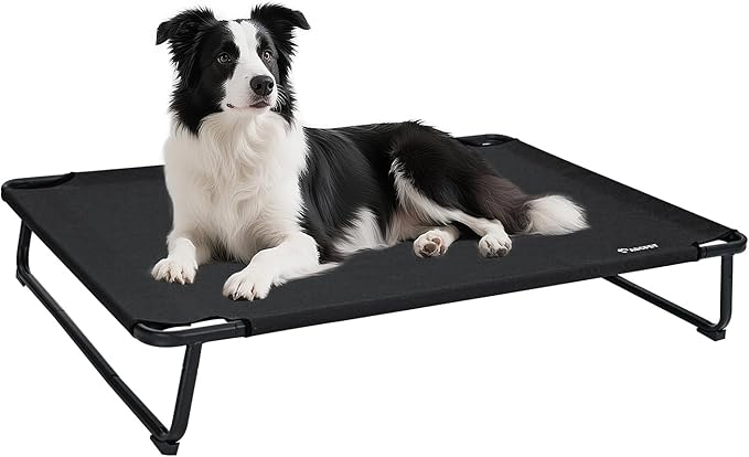 Cooling Elevated Dog Bed, Raised Outdoor Dog Bed Waterproof Pet Beds Cots Stable and Easy Assembly, Teslin Fabric with 1.2mm Thick Iron Frame, Breathable, Ultra-Sturdy,Black, 42 * 28 * 7.9