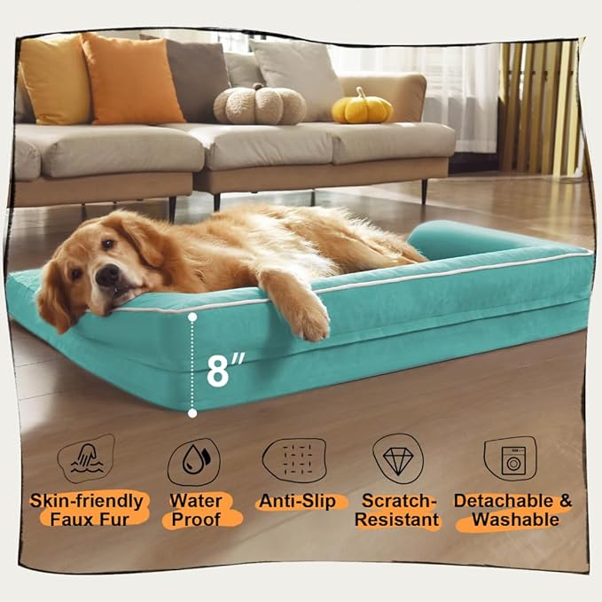 Orthopedic Large Dog Bed Washable, Orthopedic Dogs Bed with Removable Cover, XLarge XL Pet with Bolster, Washable Aqua Blue Large Dog Beds with Egg Foam for Medium Gaint Dogs