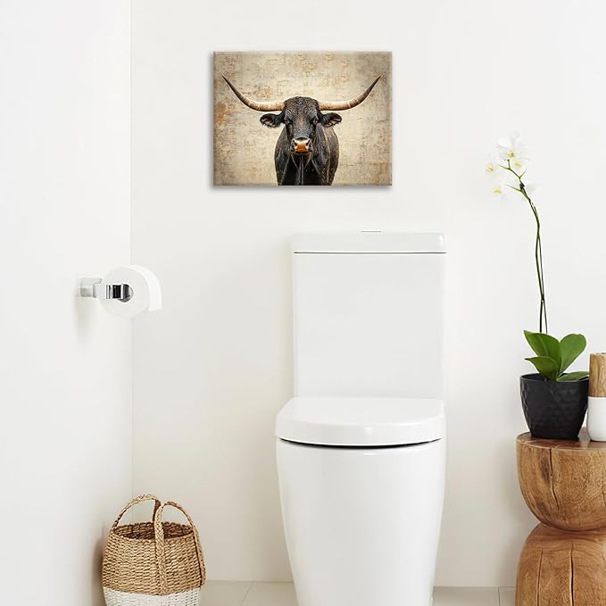 Rustic Highland Cow Pictures Wall Art, Farmhouse Black Cow Bathroom Wall Decor Animal Framed Painting Canvas Artwork for Bathroom Bedroom Living Room Decorations 20"L x 16"W