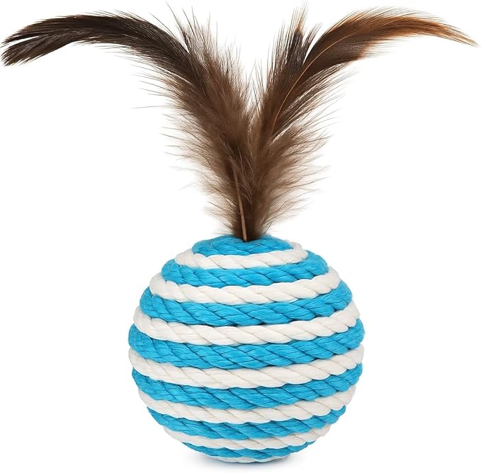Ball for cat with Feathers - Balls for Cats β Natural Toy for Indoor Cats β Eco-Friendly, Durable, Interactive Play Balls for Kittens β Pet-Safe Chew & Scratch Toys (Sky Blue)