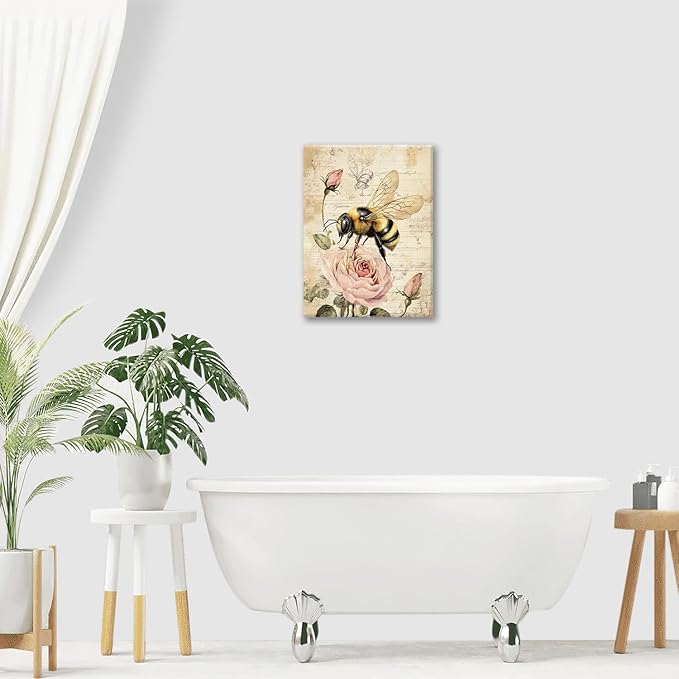 Rustic Bee Bathroom Pictures Wall Art, Vintage Floral Bathroom Wall Decor, Pink Rose Flower Framed Painting Canvas Artwork for Bedroom Living Room Decorations 16"L x 12"W