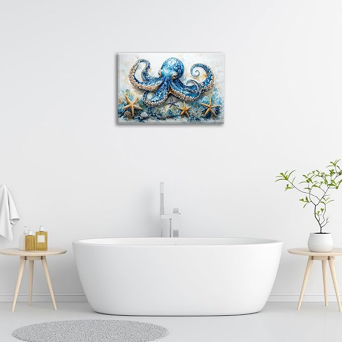Octopus Bathroom Pictures Wall Art, Sea Animal Ocean Bathroom Wall Decor, Nautical Framed Painting Canvas Artwork for Bedroom Living Room Decorations 24"L x 16"W