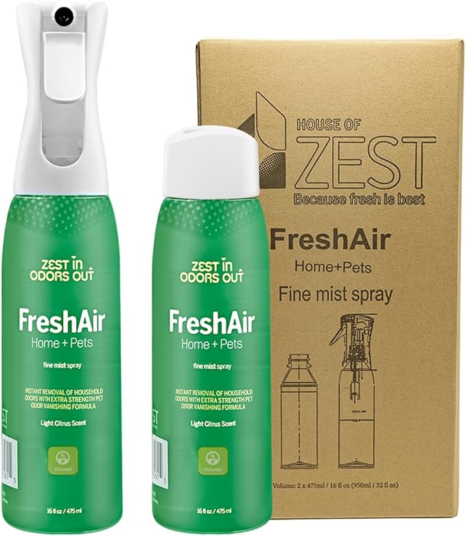 House of Zest FreshAir Home&Pets – Eliminate household odors,from trash,laundry,bathroom/diaper stink,and pet funk.Chemical Free,made with plant-based ingredients, with light citrus scent.2pk 32fl oz