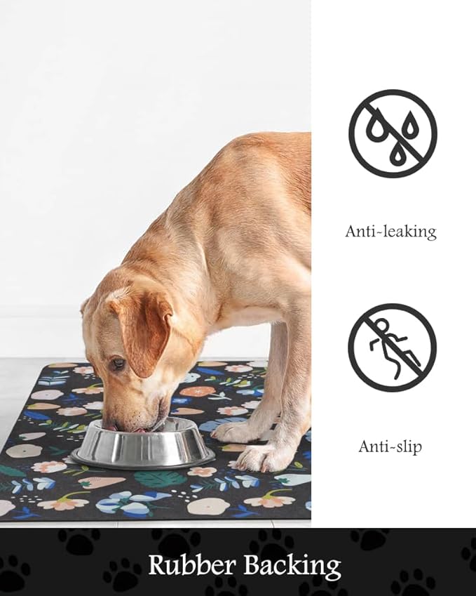 Pet Feeding Mat-Absorbent Dog Mat for Food and Water Bowl-No Stains Quick Dry Water Dispenser Mat-Dog Accessories Pet Supplies-Bowl for Messy Drinkers(DARKFLOWERS,12"x19"