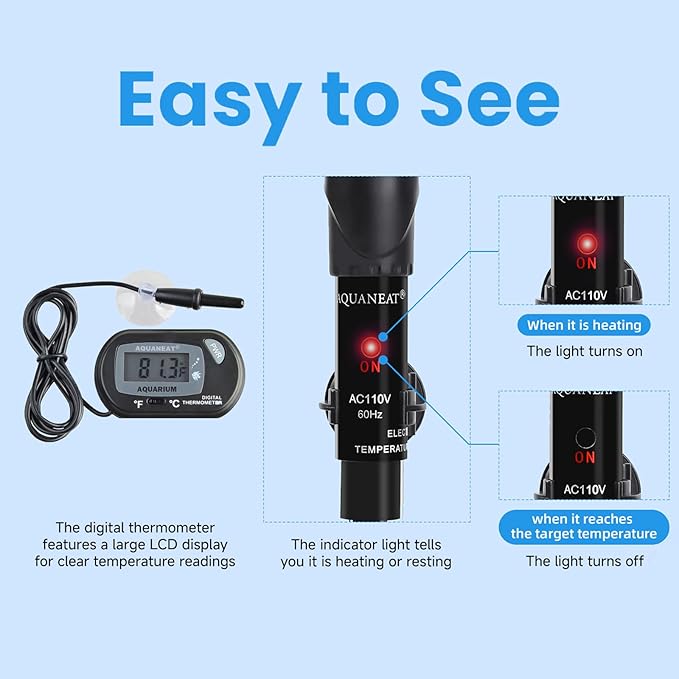 AQUANEAT Aquarium Heater, 100W Fish Tank Heater, Adjustable Submersible Water Thermostat with Digital Thermometer