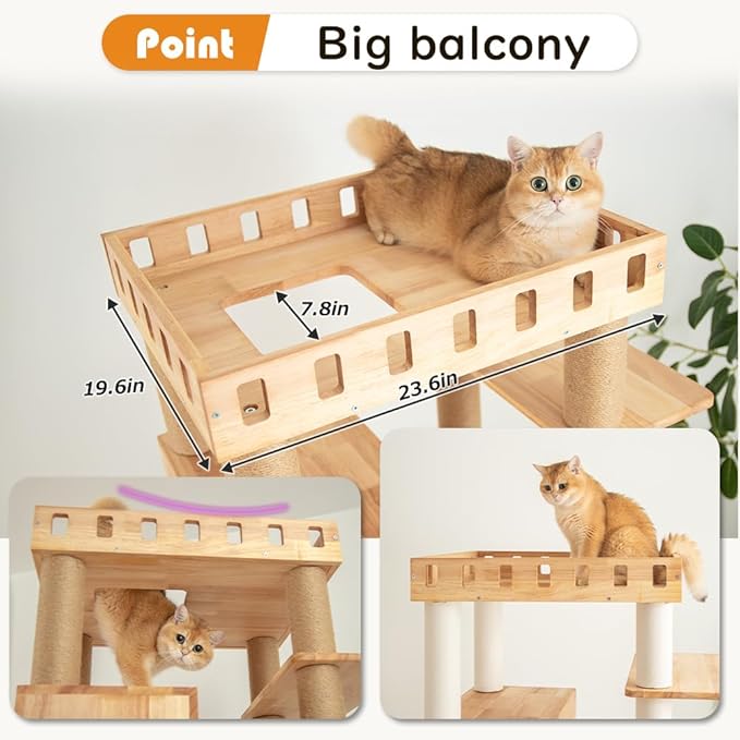74.8" Wooden Cat Tree Tower for Large Cats, Multi-Level Cat Climbing Furniture with Scratching Posts, Cat Condo & Hammock, Natural Wood Cat Activity Center (White)