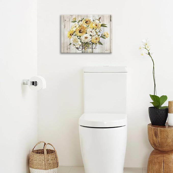 Sunflower Bathroom Pictures Wall Art, Simple Blessed Floral Bathroom Wall Decor, Flower Framed Painting Canvas Artwork for Bedroom Living Room Decorations 20"L x 16"W