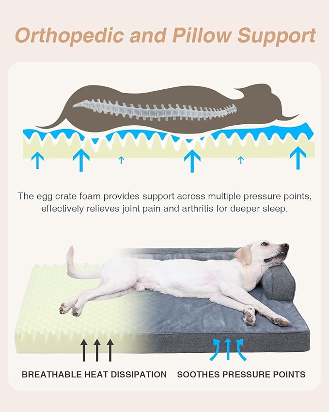 KSIIA Orthopedic Dog Bed for Extra Large Dog,Washable Pet Sofa with U-Shaped Bolster Removable Waterproof Cover Non-Slip Bottom and Egg-Crate Orthopedic Foam Pet Couch Bed, 53 x 36 Inch, Dark Gray