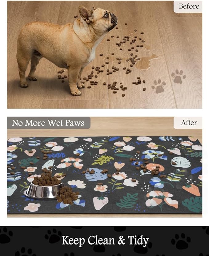 Pet Feeding Mat-Absorbent Dog Mat for Food and Water Bowl-No Stains Quick Dry Water Dispenser Mat-Dog Accessories Pet Supplies-Bowl for Messy Drinkers(DARKFLOWERS,17"x34"
