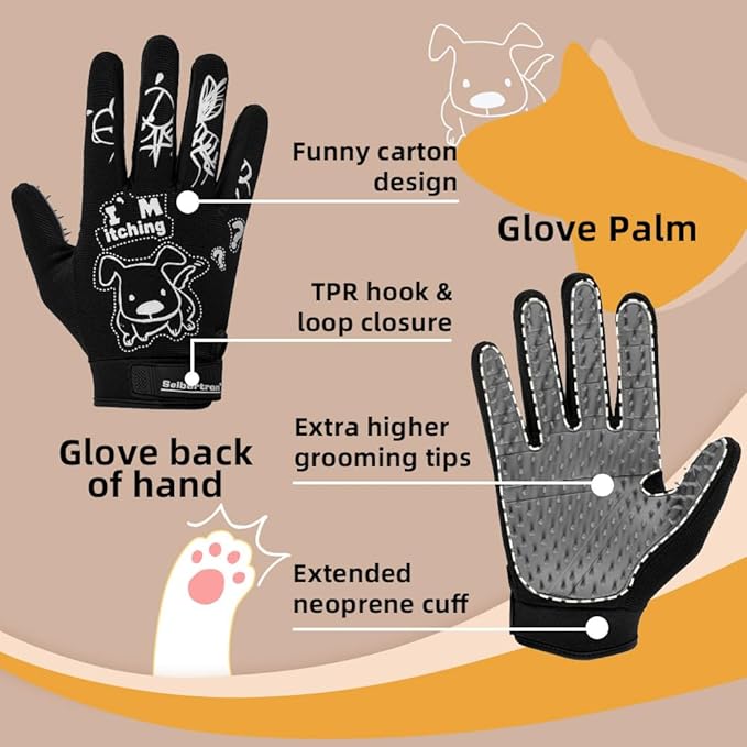 Seibertron Patented P.G.M.G-1 Pet Hair Remover/Deshedding Grooming Gloves Seven Sizes Fit All Works for Dogs, Horses, Cats and Other Animals Short Fur(1-Pair) Adult Black XXS