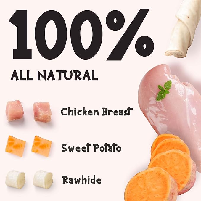 ASMPET Dog Treats, Chicken Wrapped Rawhide Sticks Filled with Sweet Potato for Small Medium Large Dogs(6pcs)