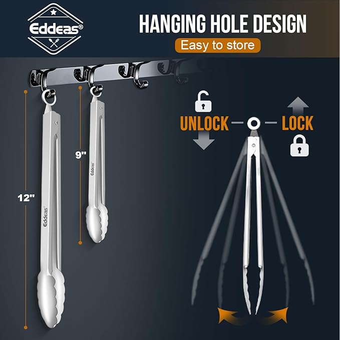 All Metal Tongs For Cooking - Heat Resistant 600 Degrees Stainless Steel Kitchen Tongs, Set of 2-9" & 12 inch, Locking Tongs, For Food,Salad, BBQ, Grilling, Dishwasher safe