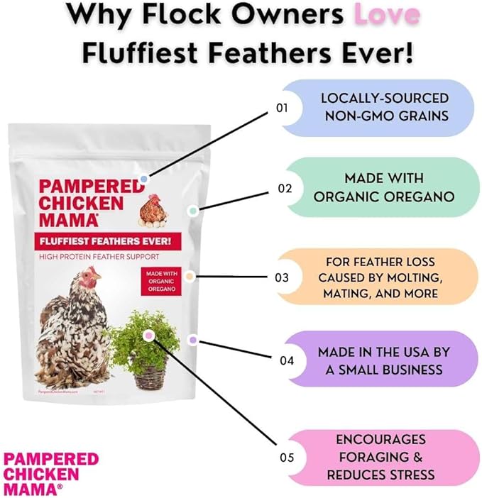Pampered Chicken Mama Backyard Chicken Molting Supplement: Fluffiest Feathers Ever Backyard Chicken Feed and Supplies for Hens (6 Pound Economy Size)