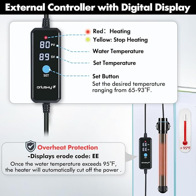 Orlushy 150W Submersible Aquarium Heater, Adjustable Fish Tank Heater with Digital Display External Controller, Overheat Protection and Free Thermometer for 20-30 Gallons Freshwater and Saltwater Tank