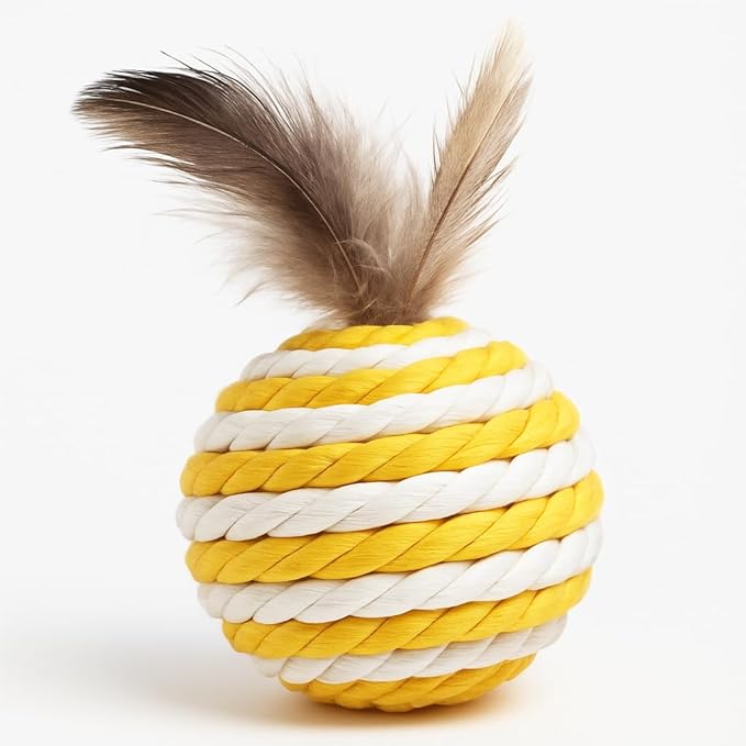 Ball for cat with Feathers - Balls for Cats β Natural Toy for Indoor Cats β Eco-Friendly, Durable, Interactive Play Balls for Kittens β Pet-Safe Chew & Scratch Toys (Yellow)