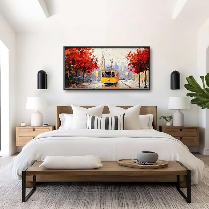 Large Cityscape Wall Art for Living Room, Framed Oversized Urban Tram Wall Decor Tree Landscape Canvas Painting Modern Artwork for Living Room Bathroom Bedroom Office Dining Room 60"x30"