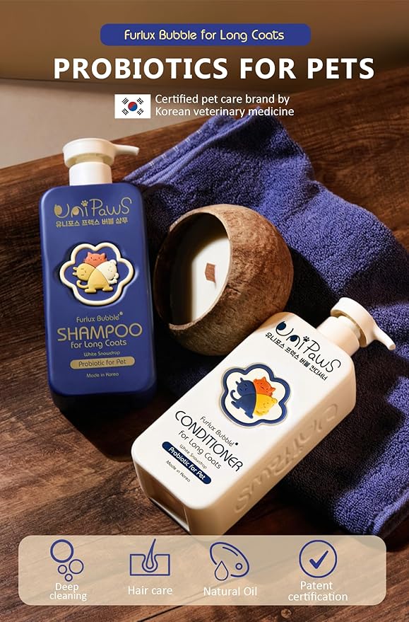 Unipaws Biotin Shampoo & Conditioner Set for Long-Haired Dog โ Detangling, Deshedding, Thicking Hair for Senzitive Skin Healthy, Lustrous Fur โ Medicated & EWG Green, Made in Korea, 2ร16.9 Fl Oz