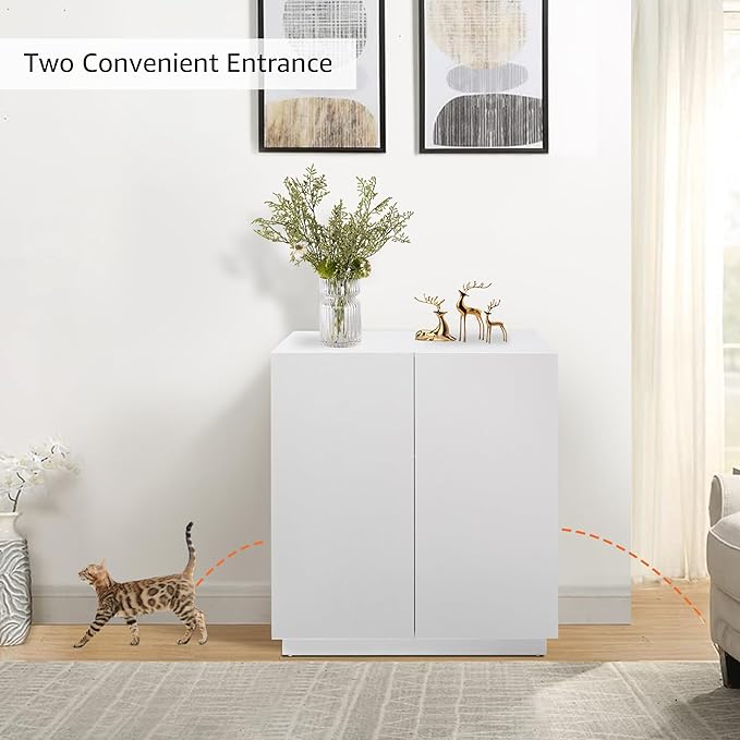 unipaws Tall Cat Litter Box Enclosure with Shelves, Hidden Litter Box Cover for Tall or Top Entry Litter Box, Kitty Enclosed Litter Box Cabinet, Cat Box Furniture, White