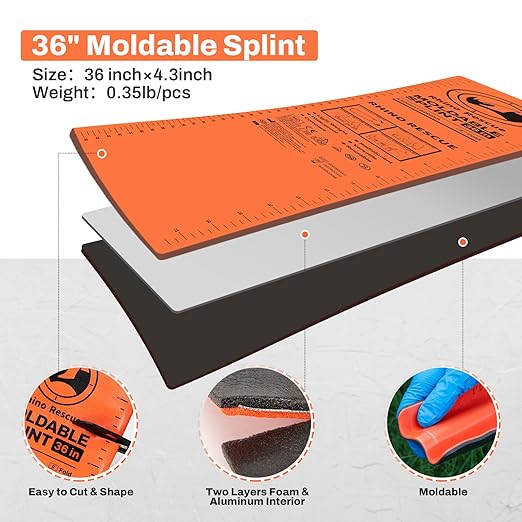 RHINO RESCUE First Aid Splint 36" X 4.3" Orange-Gray, Keep Bones in Position (4, Folded)