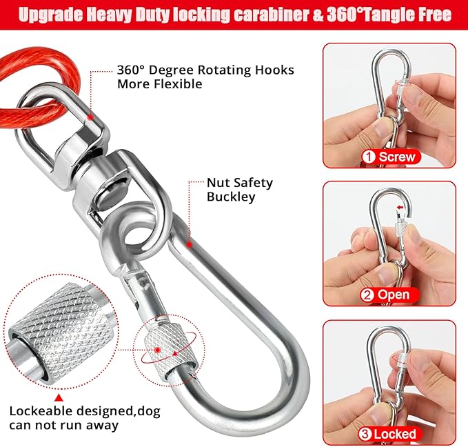 Jenico Dog Tie Out Cable - 10/15/20/30/40/50/70/100/150FT Runner Cable with Swivel Hook and Shock Spring, Outdoor and Camping Dog Leash Run Tether for Small to Medium Pets Up to 500 LBS