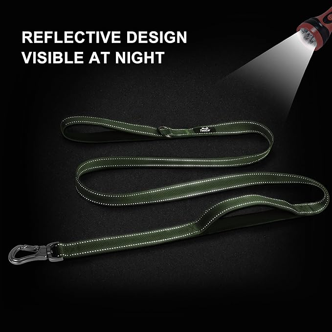 TwoEar 4FT 1IN Strong Green Dog Leash with 2 Padded Handles, Traffic Handle Extra Control, Comfortable Soft Dual Handle, Auto Lock Hook, Reflective Walking Lead for Small Medium and Large Dogs