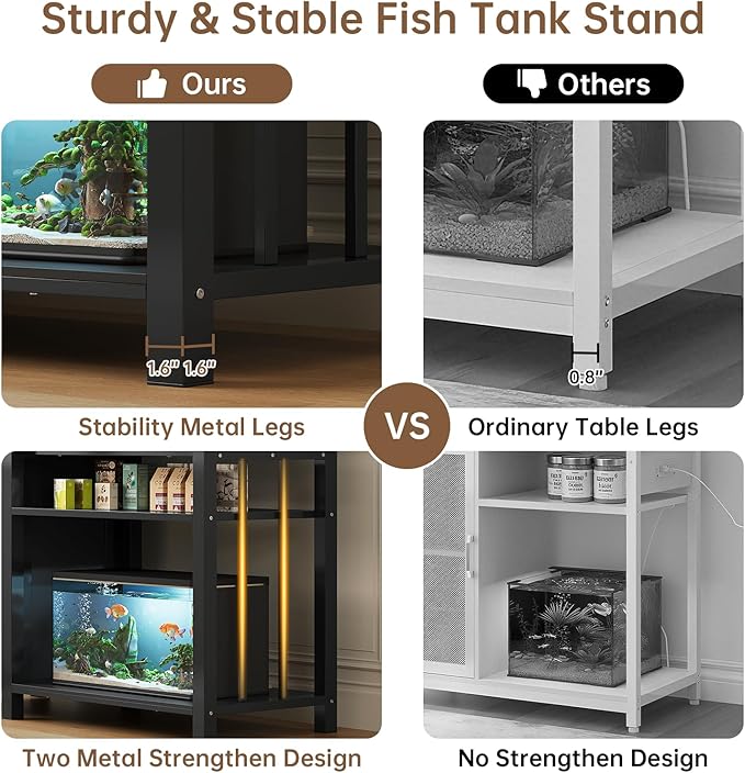 Aquarium Stand with Power Outlets, 55-75 Gallon Heavy Duty Fish Tank Stand with Cabinet Storage & Adjustable Shelf, for Fish Tank, Turtle Tank, Reptile Terrarium, 1000LBS Capacity, Black