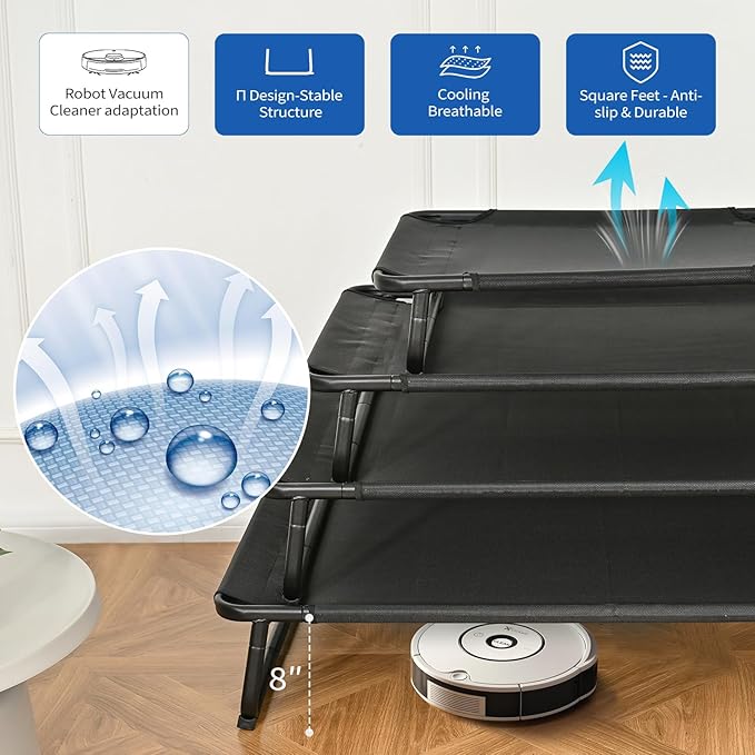 Cooling Elevated Dog Bed, Raised Outdoor Dog Bed Waterproof Pet Beds Cots Stable and Easy Assembly, Teslin Fabric with 1.2mm Thick Iron Frame, Breathable, Ultra-Sturdy,Black, 48 * 32 * 8.7