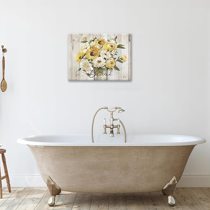 Sunflower Bathroom Pictures Wall Art, Simple Blessed Floral Bathroom Wall Decor, Flower Framed Painting Canvas Artwork for Bedroom Living Room Decorations 16"L x 12"W