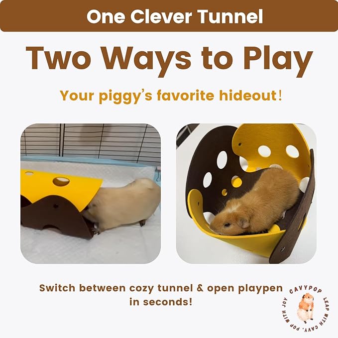 Guinea Pig Tunnels, Foldable Fleece Hideout Beds with Cheese-Hole Design, 2 Pack Modular Tunnel Set for Play and Rest, Brings Comfort and Enrichment to Guinea Pig Cages-Brown&Grey