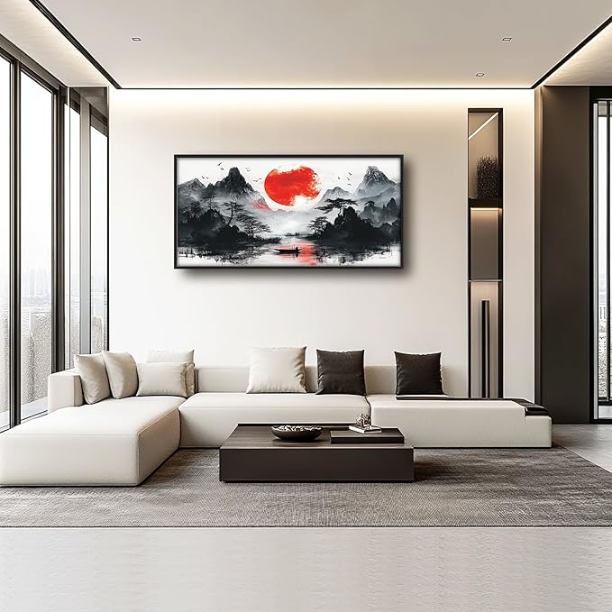 Framed Large Japanese Mountain Wall Art for Living Room, Oversized Asian Red Sun Lake Landscape Wall Decor Nature Canvas Painting Home Decoration for Living Room Bedroom Office 60"x30"