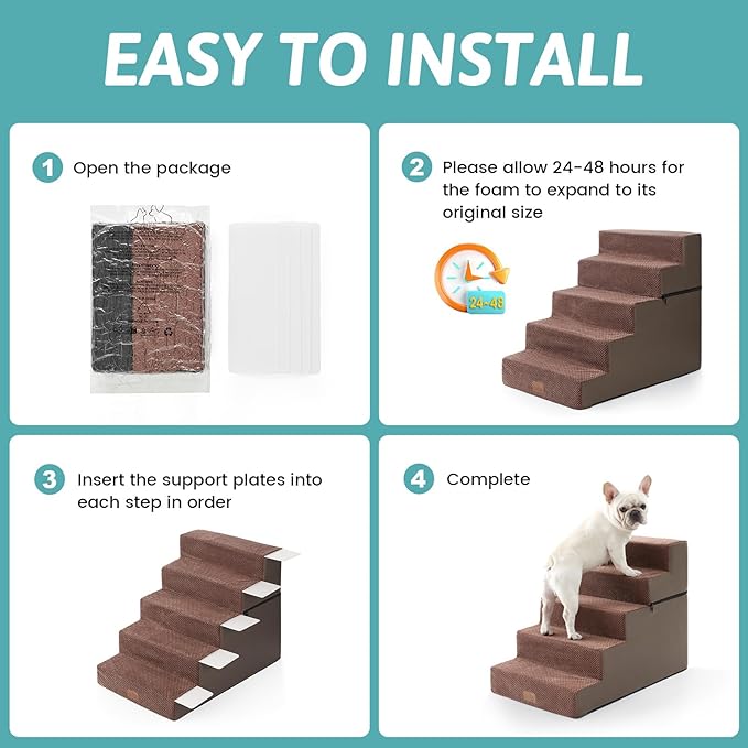 Dog Stairs for Small Dogs, 5 Tier Removable Wider Pet Stairs for Couch and Bed, 23.6" H Non-Slip Dog Steps for Puppies and Old Cats with Support Board, 29.5x19.7x23.6 inch, Brown
